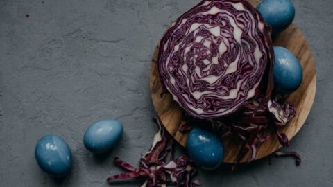 a red cabbage and blue eggs on a wooden chopping board